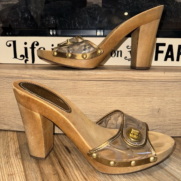 Coach Gold Clear Logo Wooden Platform Mules Y2K Retro Studded Slides Sandals 10B - Picture 1 of 6
